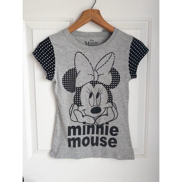 Disney Minnie Mouse Black and Gray Polka Dot T Shirt size L 10/12 - Picture 1 of 7